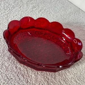 Vintage Textured Ruby Red Scalloped Glass Coin Dish Soap Dish Candy Dish